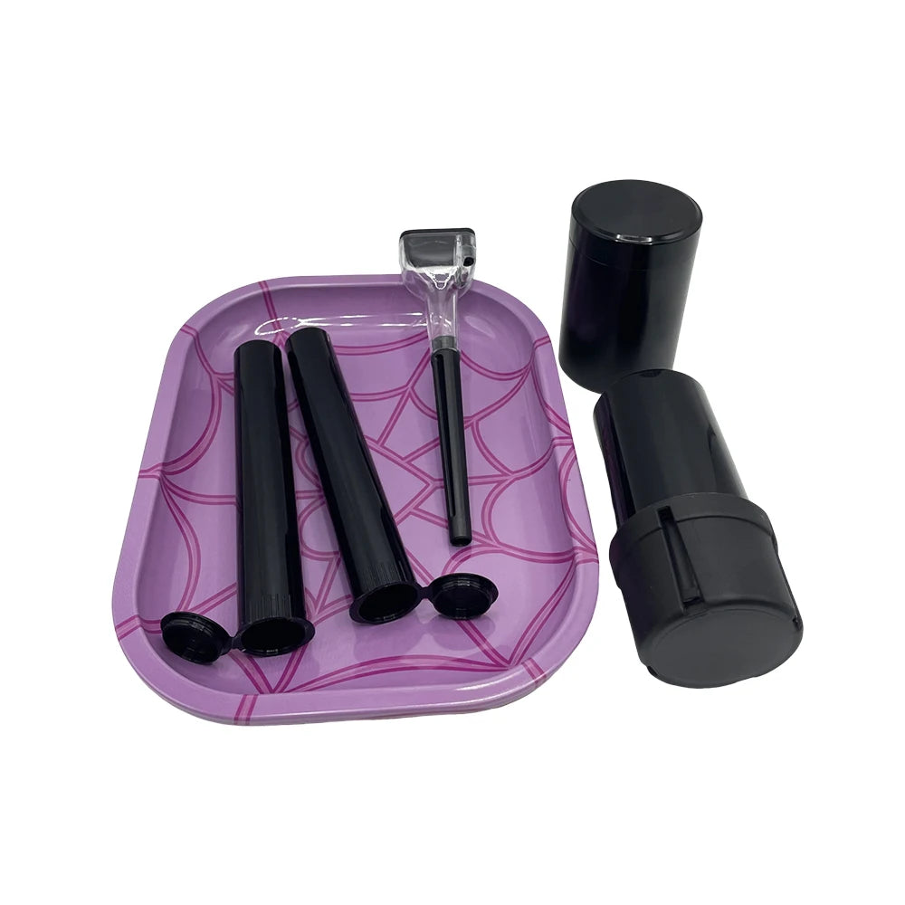 6 Packs Tobacco Metal Rolling Tray Kit 50mm Grass Grinder Crusher Smoke Herbal Set 116mm Plastic Cigar Storage Tube Container