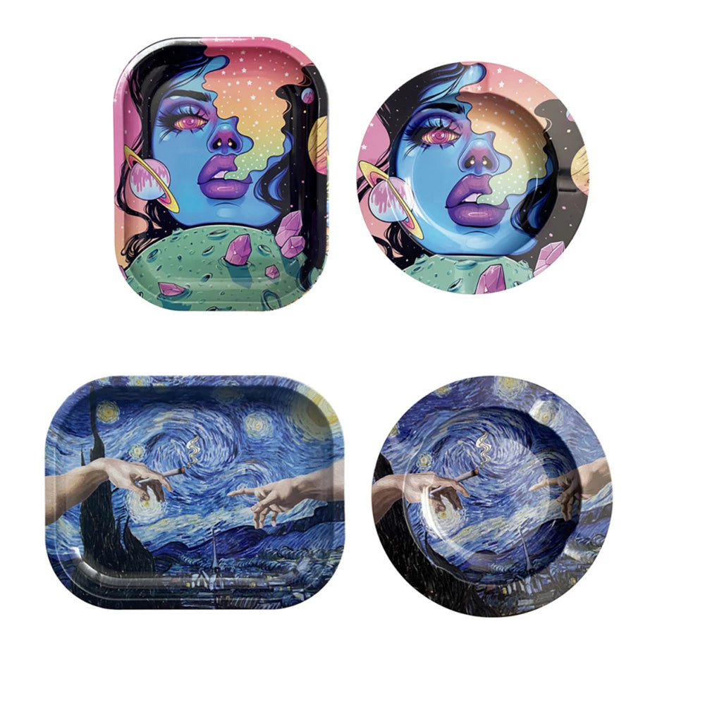2PCS/Set Cigarette Tinplate Ashtray With 18x14cm Rolling Tray Cartoon Pattern Metal Rolling Tray Smoking Accessories