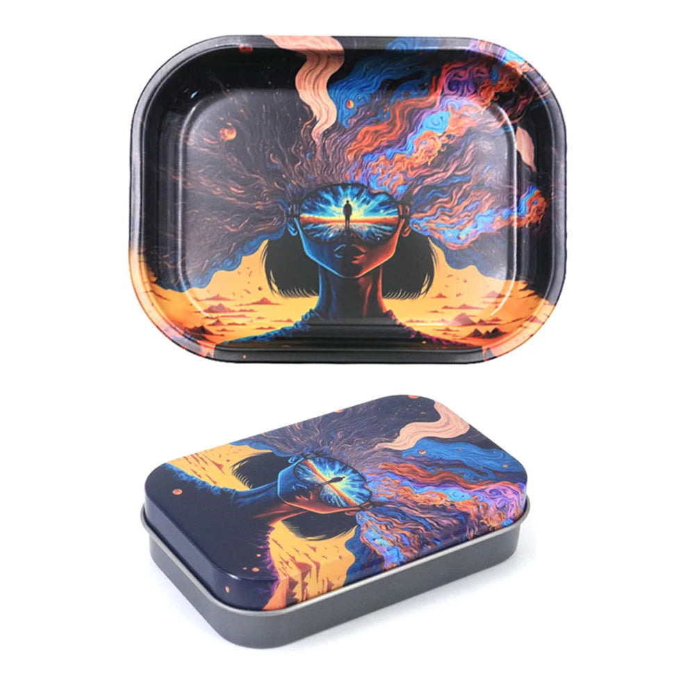 2PCS/Set Rolling Tray Tinplate Box Cigar Case with 18x14cm Tobacco Metal Rolling Tray Many Patterns Smoking Accessories