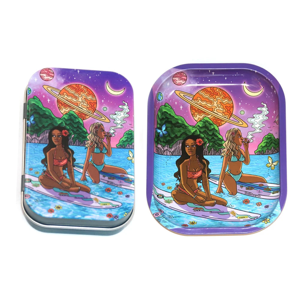 2PCS/Set Rolling Tray Tinplate Box Cigar Case with 18x14cm Tobacco Metal Rolling Tray Many Patterns Smoking Accessories