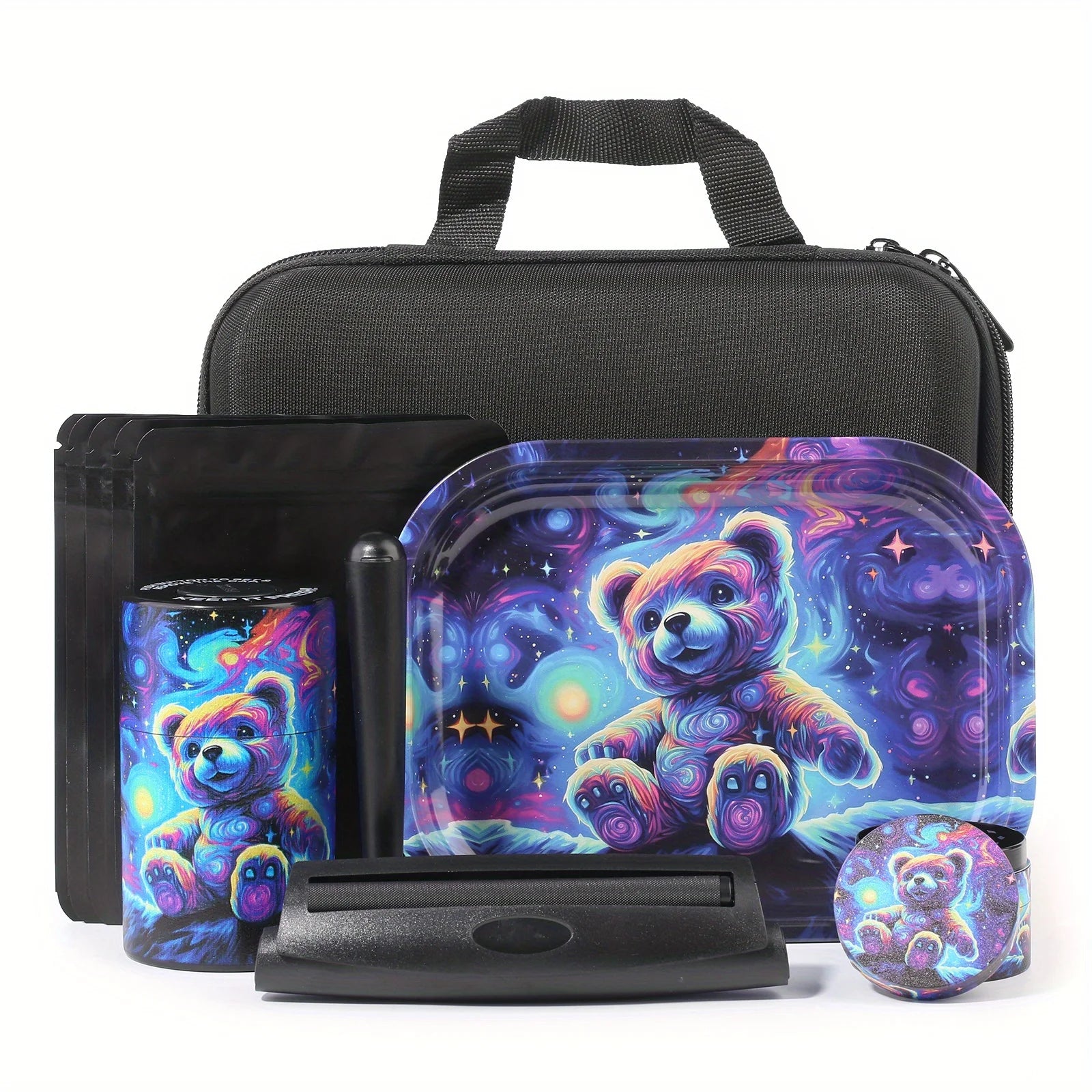18 Pieces Galaxy Bear Themed Portable Smoking Set, Stash Box Grinder Rolling Tray Machine Smoking Combo