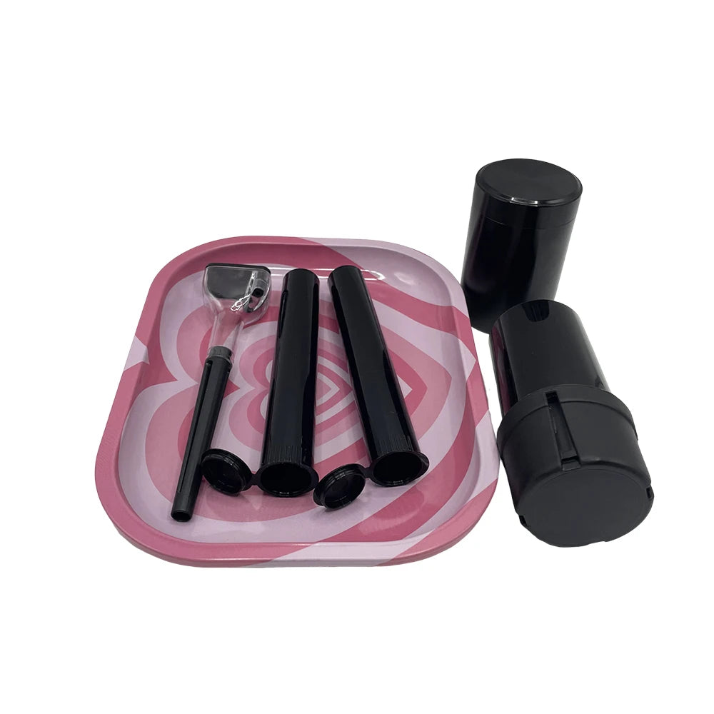 6 Packs Tobacco Metal Rolling Tray Kit 50mm Grass Grinder Crusher Smoke Herbal Set 116mm Plastic Cigar Storage Tube Container