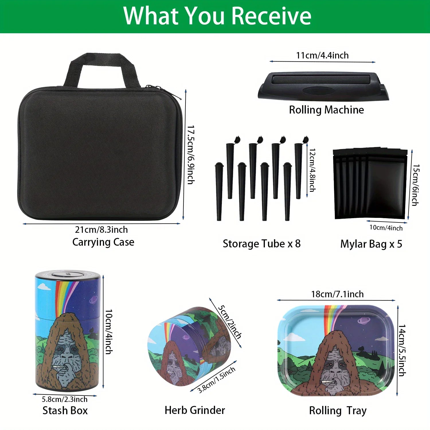 18 Pieces Gorilla Themed Portable Smoking Set Stash Box Grinder Rolling Tray Machine Combo