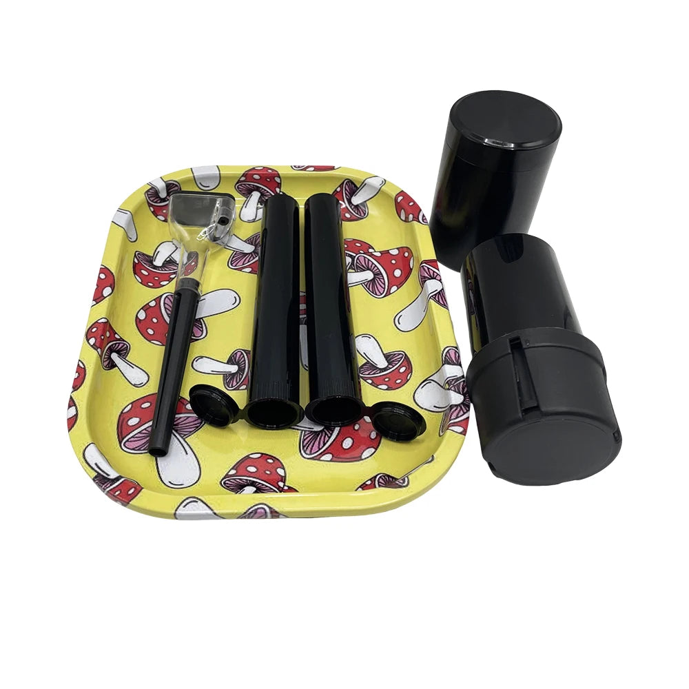 6 Packs Tobacco Metal Rolling Tray Kit 50mm Grass Grinder Crusher Smoke Herbal Set 116mm Plastic Cigar Storage Tube Container