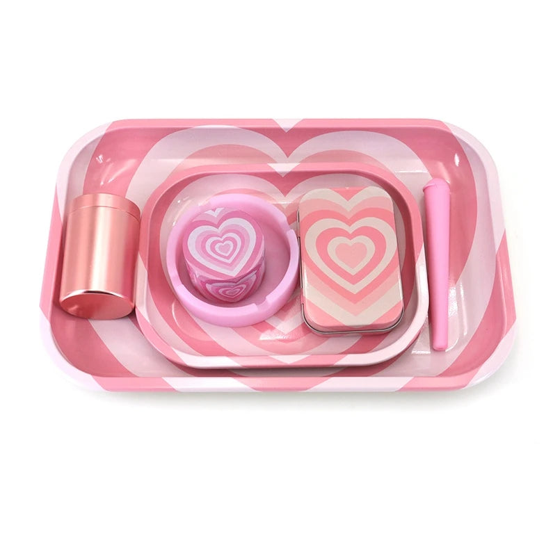 7pcs/set Pink Love Pattern Smoking Set Metal Rolling Tray Tobacco Herb Herbal Grinder Ashtray Tin Box Gifts  Smoking Accessory