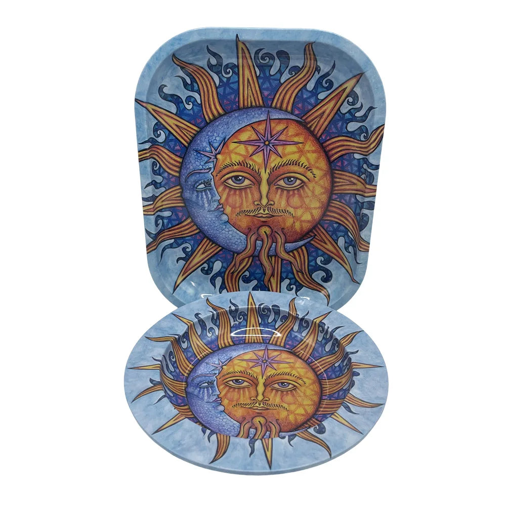 2PCS/Set Cigarette Tinplate Ashtray With 18x14cm Rolling Tray Cartoon Pattern Metal Rolling Tray Smoking Accessories