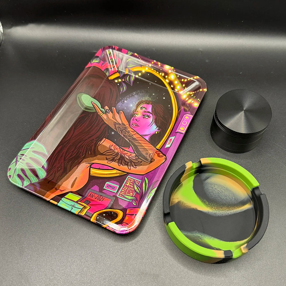 50mm Tobacco Herbal Grinder Kit Herb 180x125mm Metal Rolling Tray Set Cigar Ash Tray Tinplate Ashtray Smoking Accessories