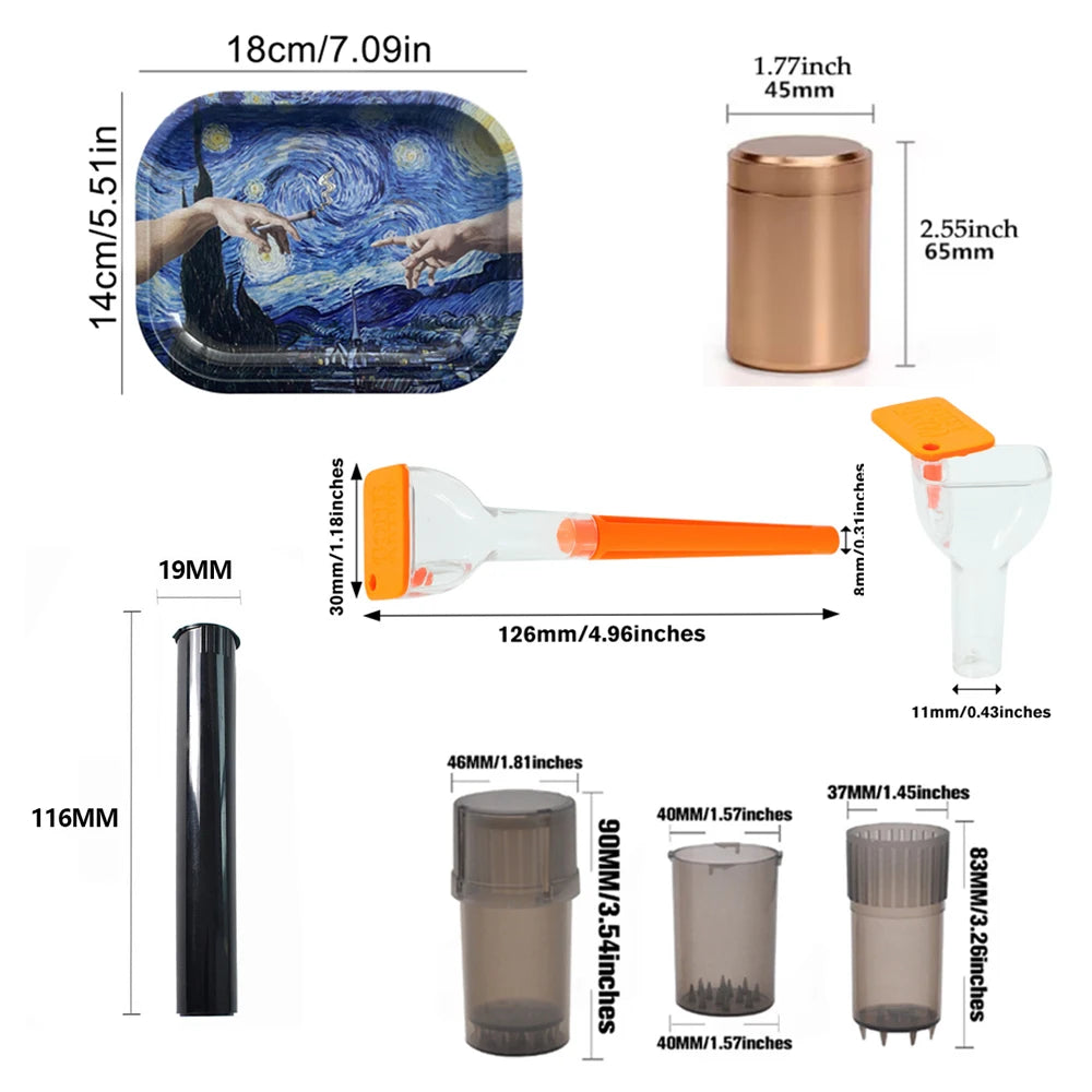 6 Packs Tobacco Metal Rolling Tray Kit 50mm Grass Grinder Crusher Smoke Herbal Set 116mm Plastic Cigar Storage Tube Container