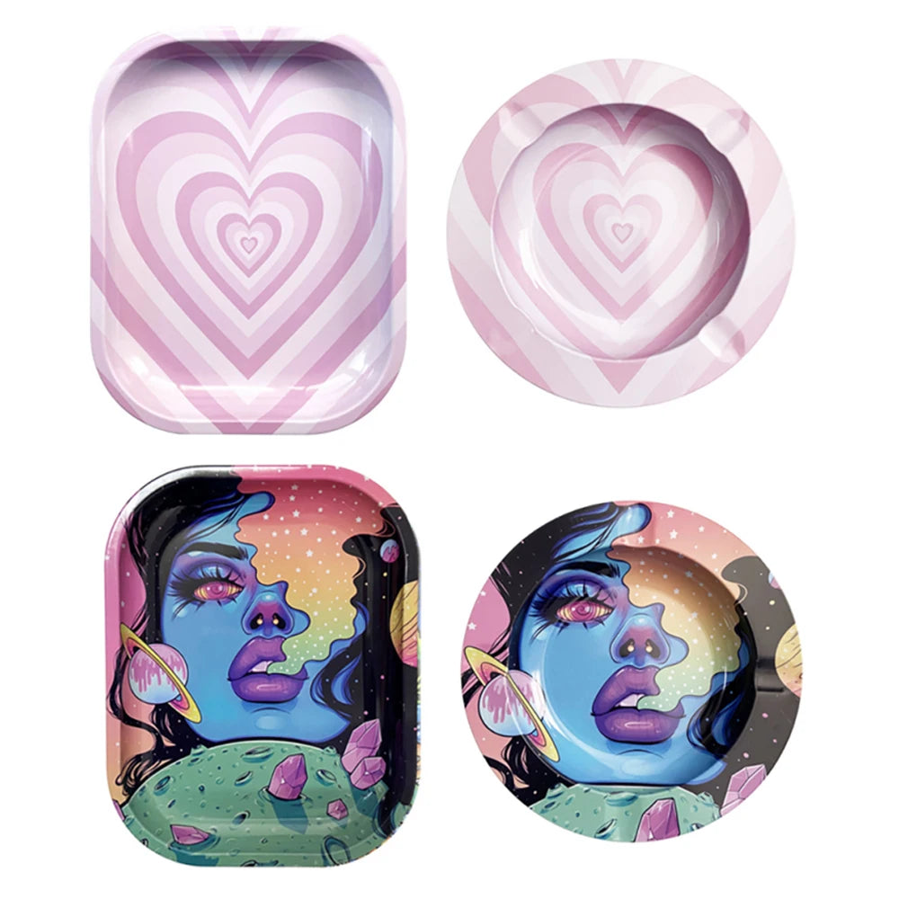 2pcs/set 18x14cm Rolling tray cartoon pattern Metal Cigarette Rolling Tray Tinplate Ashtray With smoking accessories