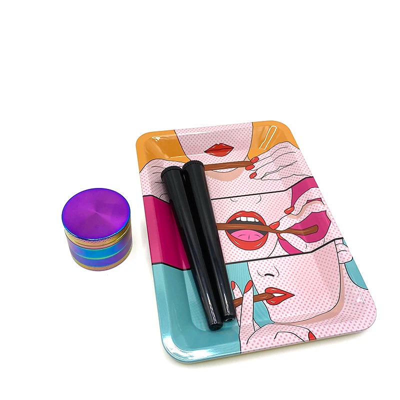 40MM 4 Layer Smoke Herb Grinder With 18X12.5CM Cigarette Metal Rolling Maker Tray Plastic Tobacco Storage Case Tube Set Gift