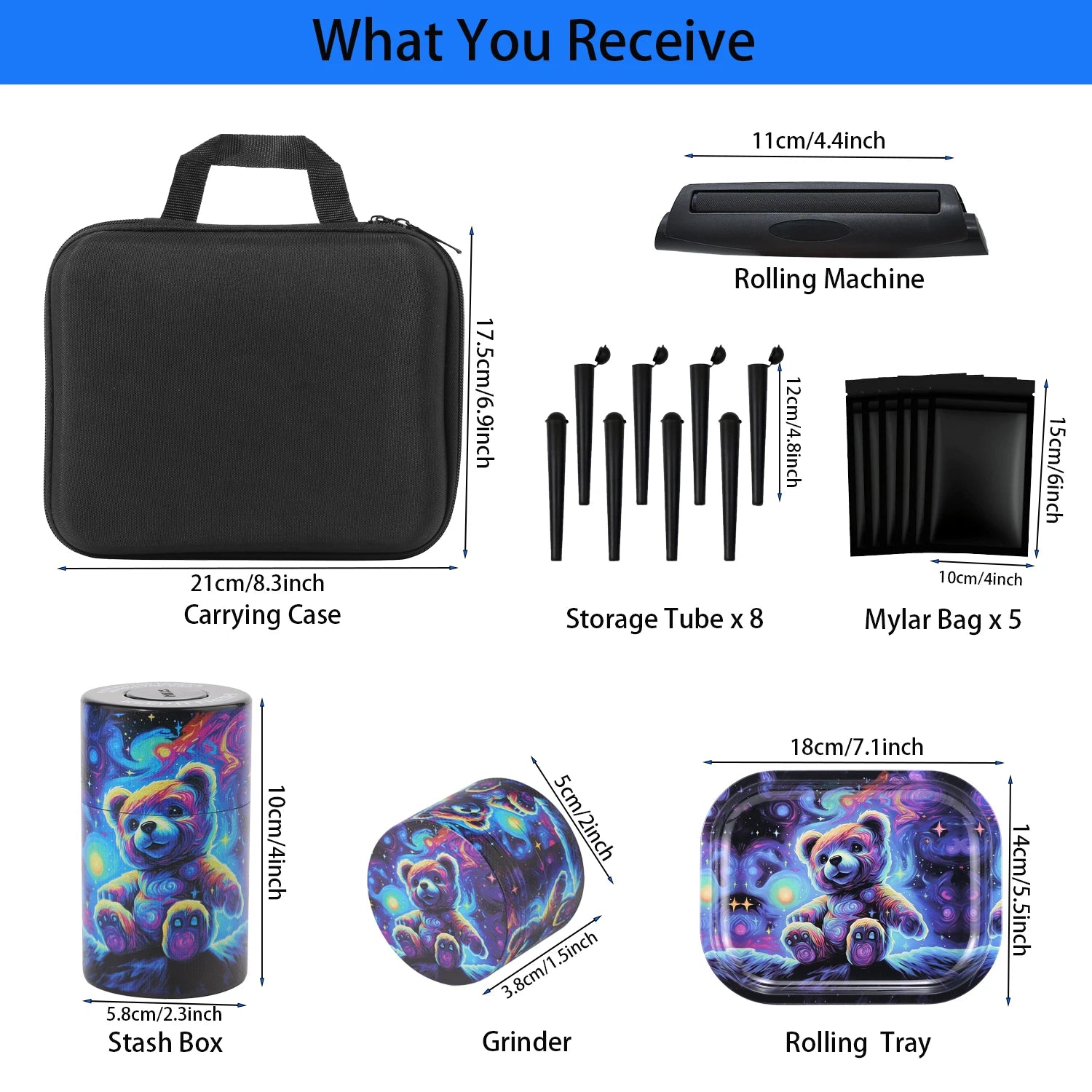 18 Pieces Gorilla Themed Portable Smoking Set Stash Box Grinder Rolling Tray Machine Combo