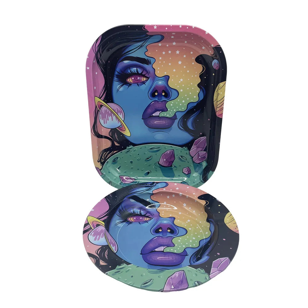 2PCS/Set Cigarette Tinplate Ashtray With 18x14cm Rolling Tray Cartoon Pattern Metal Rolling Tray Smoking Accessories