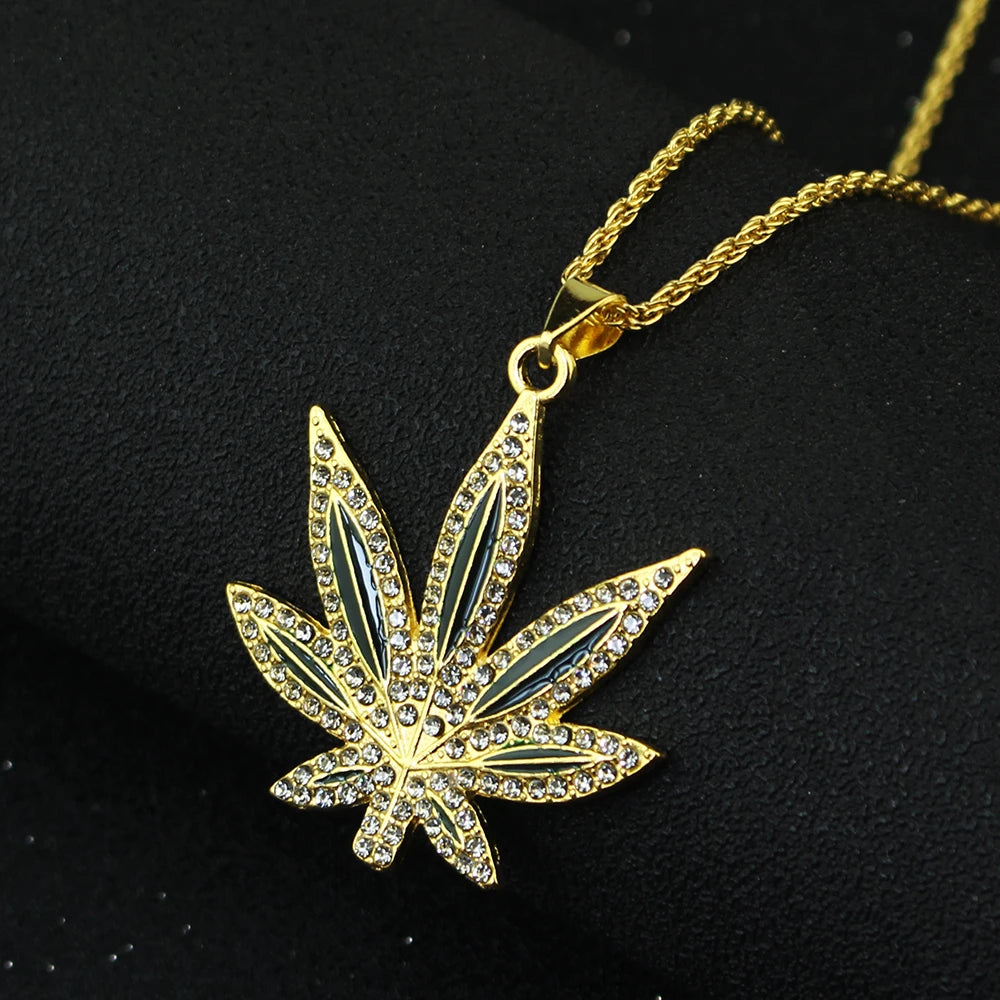 Rhinestone Weed Pendant Necklace Men Maple Leaf Necklaces Gold Color Chains for Boys Male Steampunk Jewelry