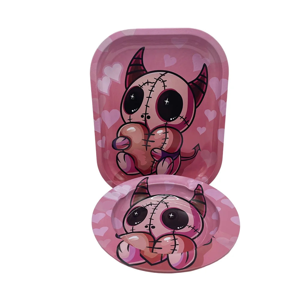 2PCS/Set Cigarette Tinplate Ashtray With 18x14cm Rolling Tray Cartoon Pattern Metal Rolling Tray Smoking Accessories