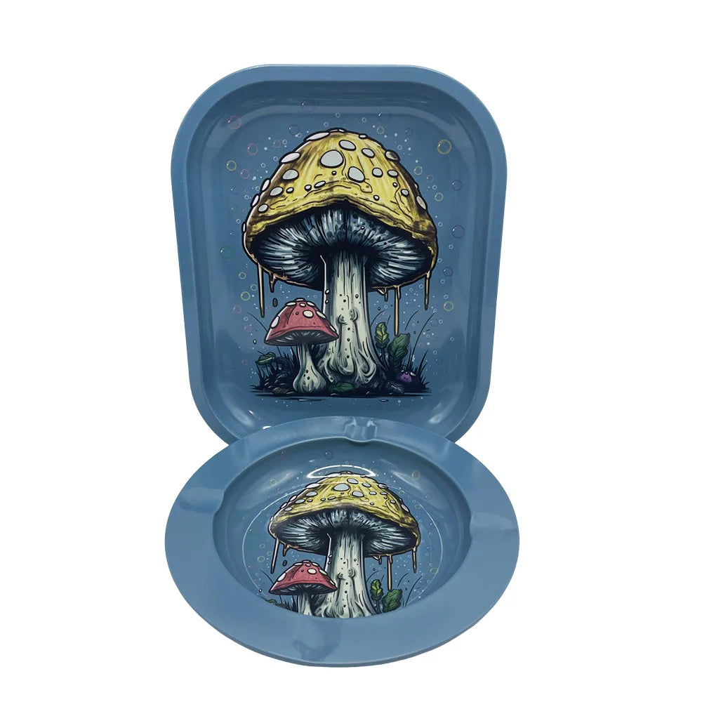 2PCS/Set Cigarette Tinplate Ashtray With 18x14cm Rolling Tray Cartoon Pattern Metal Rolling Tray Smoking Accessories