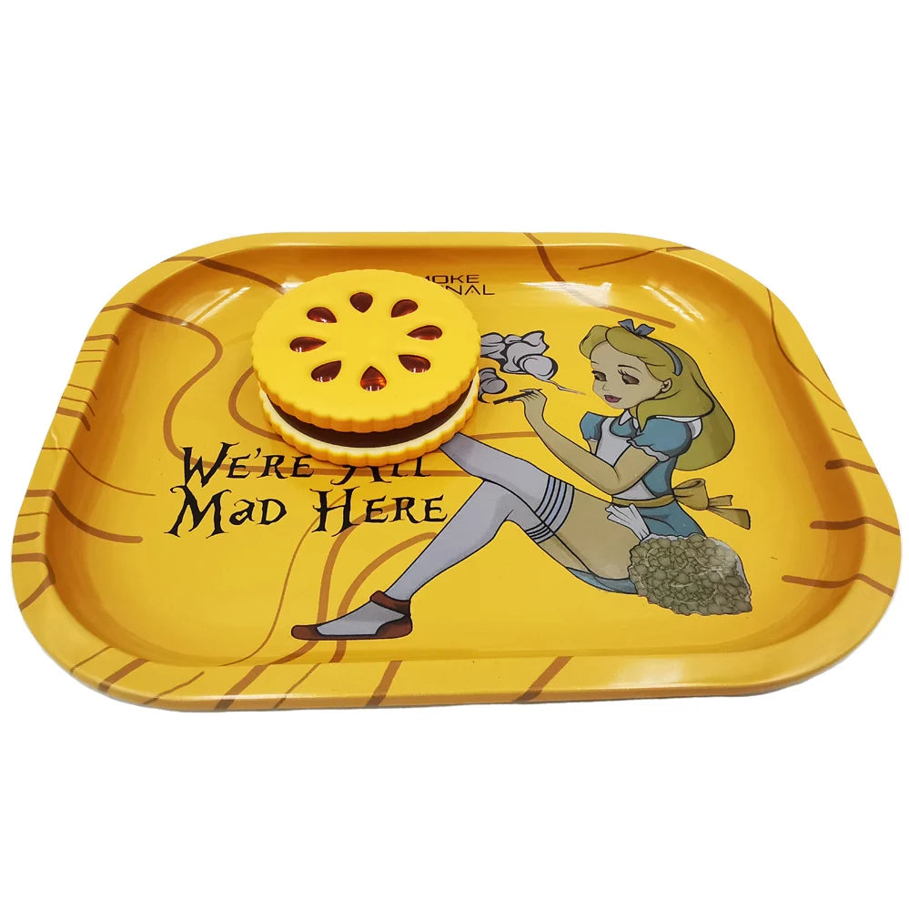 Cookie Metal Grinder Shape 55mm Biscuit  Grinder with Tinplate Rolling Tray 7x5.5" Kit Crusher 2 Layer Dried Flowers  Grass Set