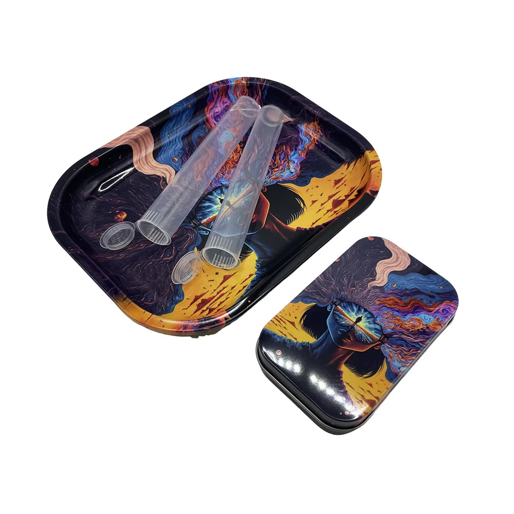 4PCS/Set 18x14cm Tobacco Metal Rolling Tray with Cigar Case Waterproof Sealed Container Tinplate Box Many Patterns Smoking Acces