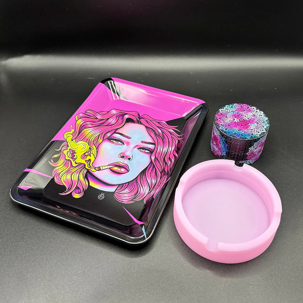 50mm Tobacco Herbal Grinder Kit Herb 180x125mm Metal Rolling Tray Set Cigar Ash Tray Tinplate Ashtray Smoking Accessories