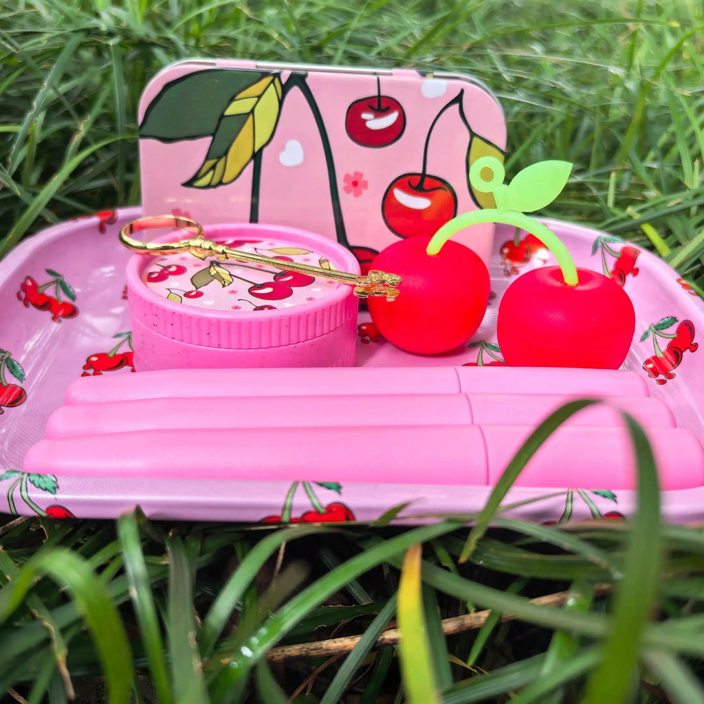 6pcs Cherry Rolling Tray Smoking Set, Includes Grinder, Rolling Tray, Box, Silicone Containers, 3-Tube Containers, Holder