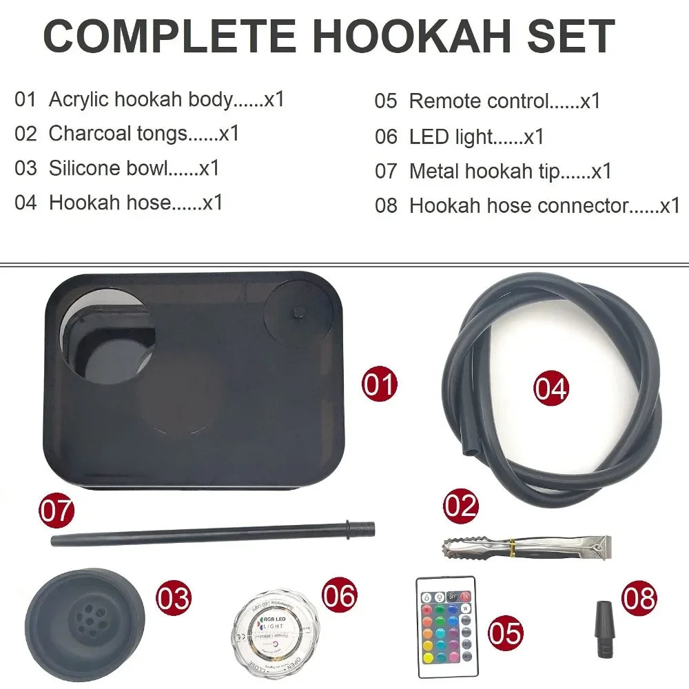 Rectangle Hookah Smoking Pipe Set Shisha Narguile Complete with Remote LED Light Shisha Bowls Charcoal Rack Smoking Accessories