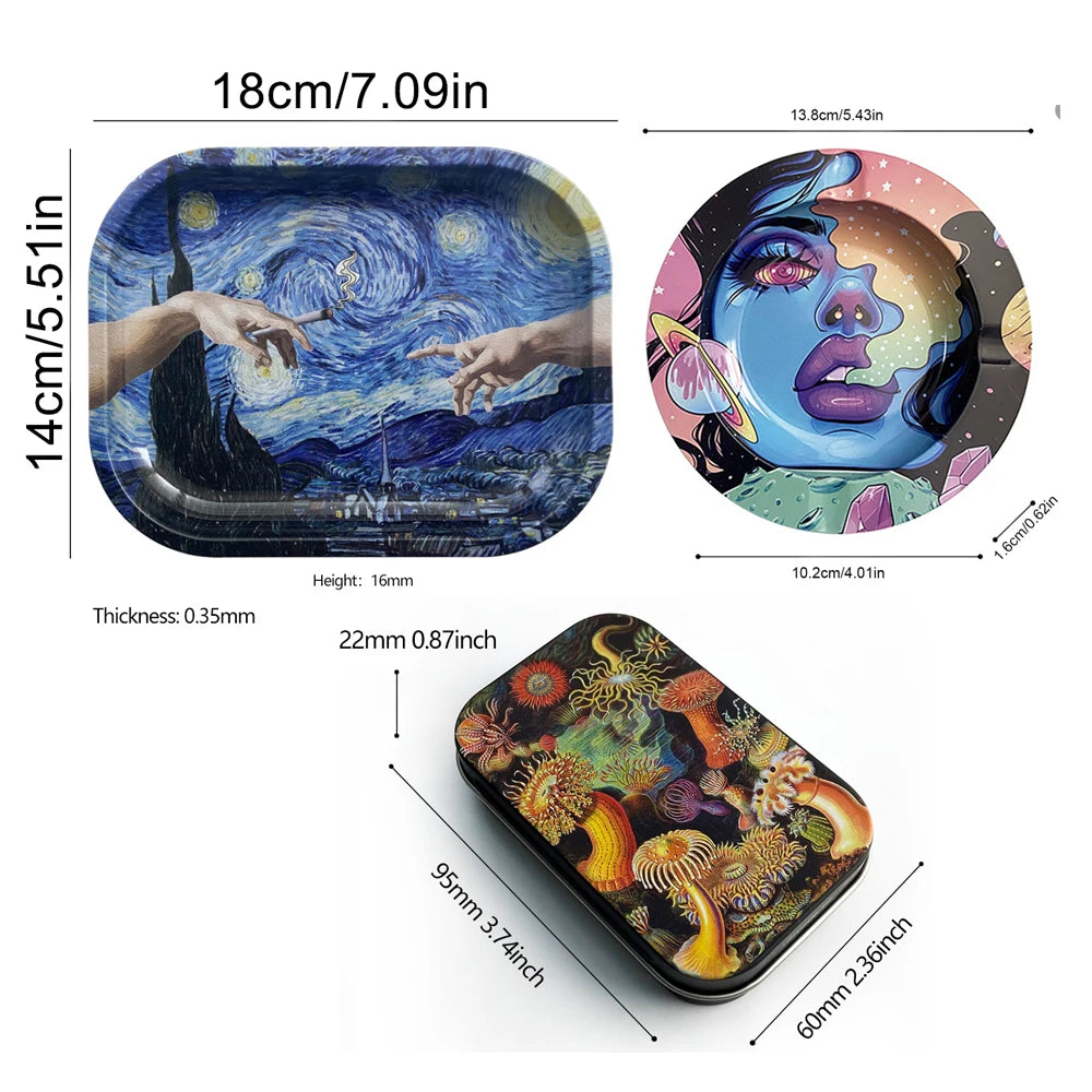 3Pcs Metal Tobacco Round Ashtray Cigarette Case with 18X14cm Rolling Tray Dish Tin Storage Container Plate Smoking Accessory Set
