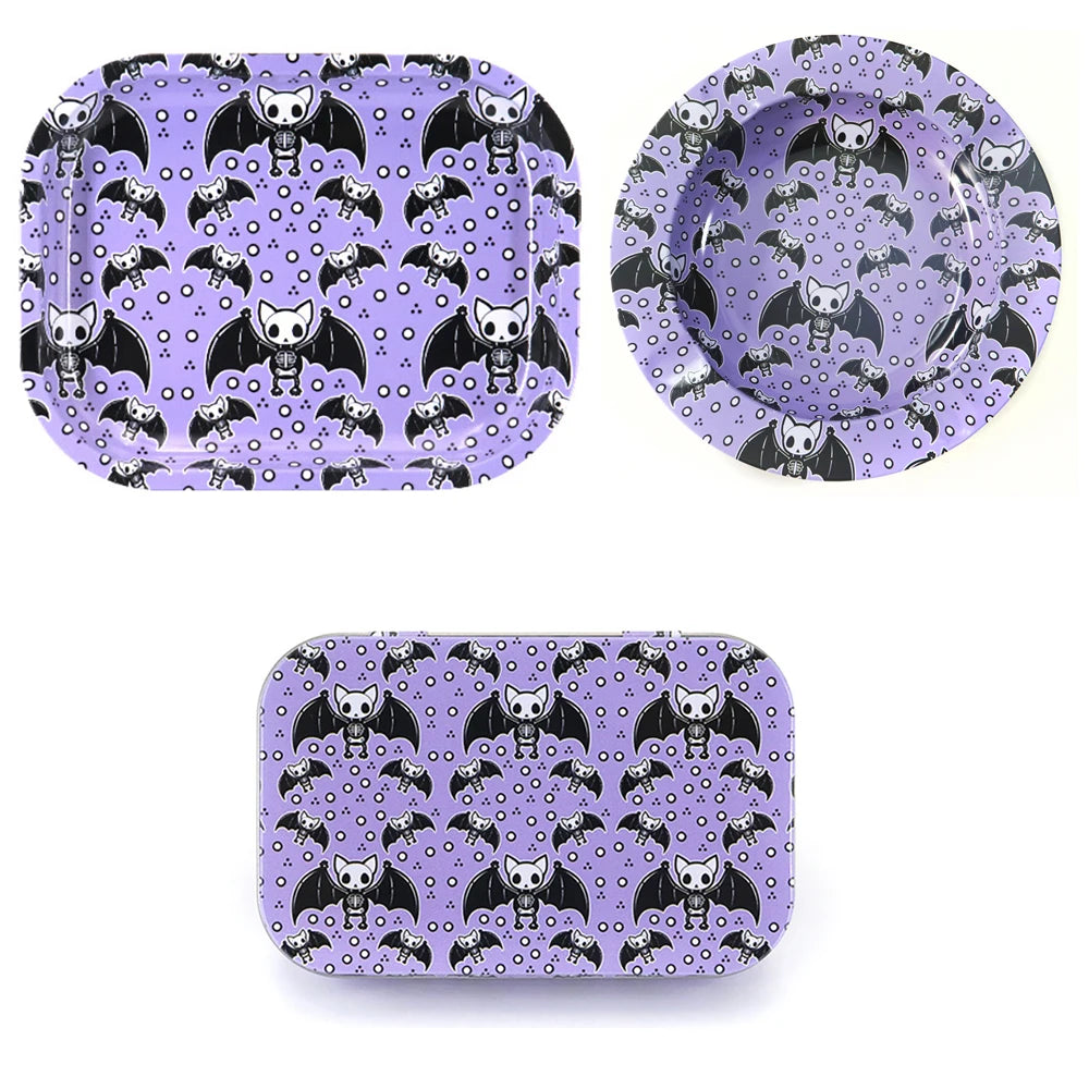 3Pcs 18X14cm Rolling Tray Dish Tin Storage Plate with Cigarette Case Container Metal Ash Tray Round Tobacco Ashtray Smoking Set