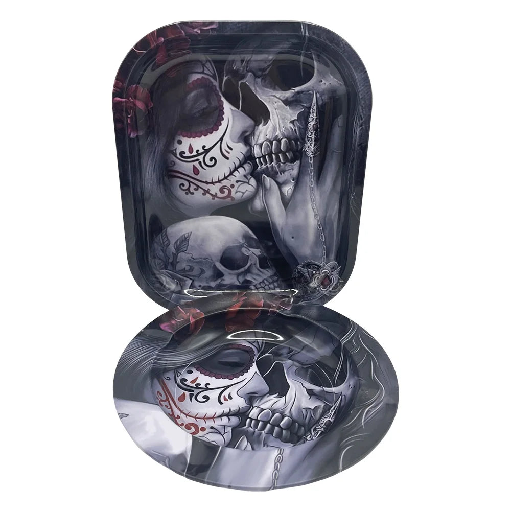 2PCS/Set Cigarette Tinplate Ashtray With 18x14cm Rolling Tray Cartoon Pattern Metal Rolling Tray Smoking Accessories