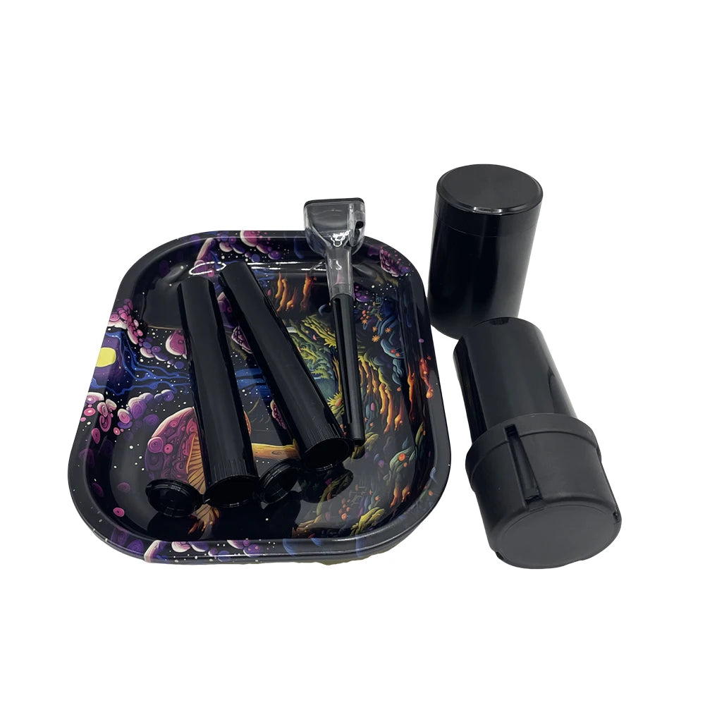 6 Packs Tobacco Metal Rolling Tray Kit 50mm Grass Grinder Crusher Smoke Herbal Set 116mm Plastic Cigar Storage Tube Container