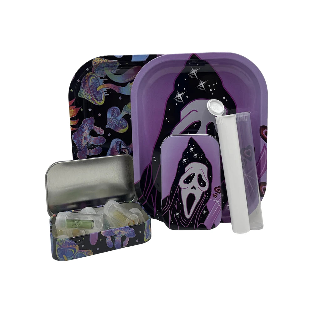 4PCS/Set 18x14cm Tobacco Metal Rolling Tray with Cigar Case Waterproof Sealed Container Tinplate Box Many Patterns Smoking Acces