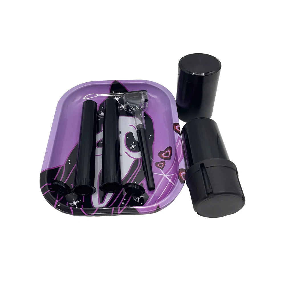 6 Packs Tobacco Metal Rolling Tray Kit 50mm Grass Grinder Crusher Smoke Herbal Set 116mm Plastic Cigar Storage Tube Container