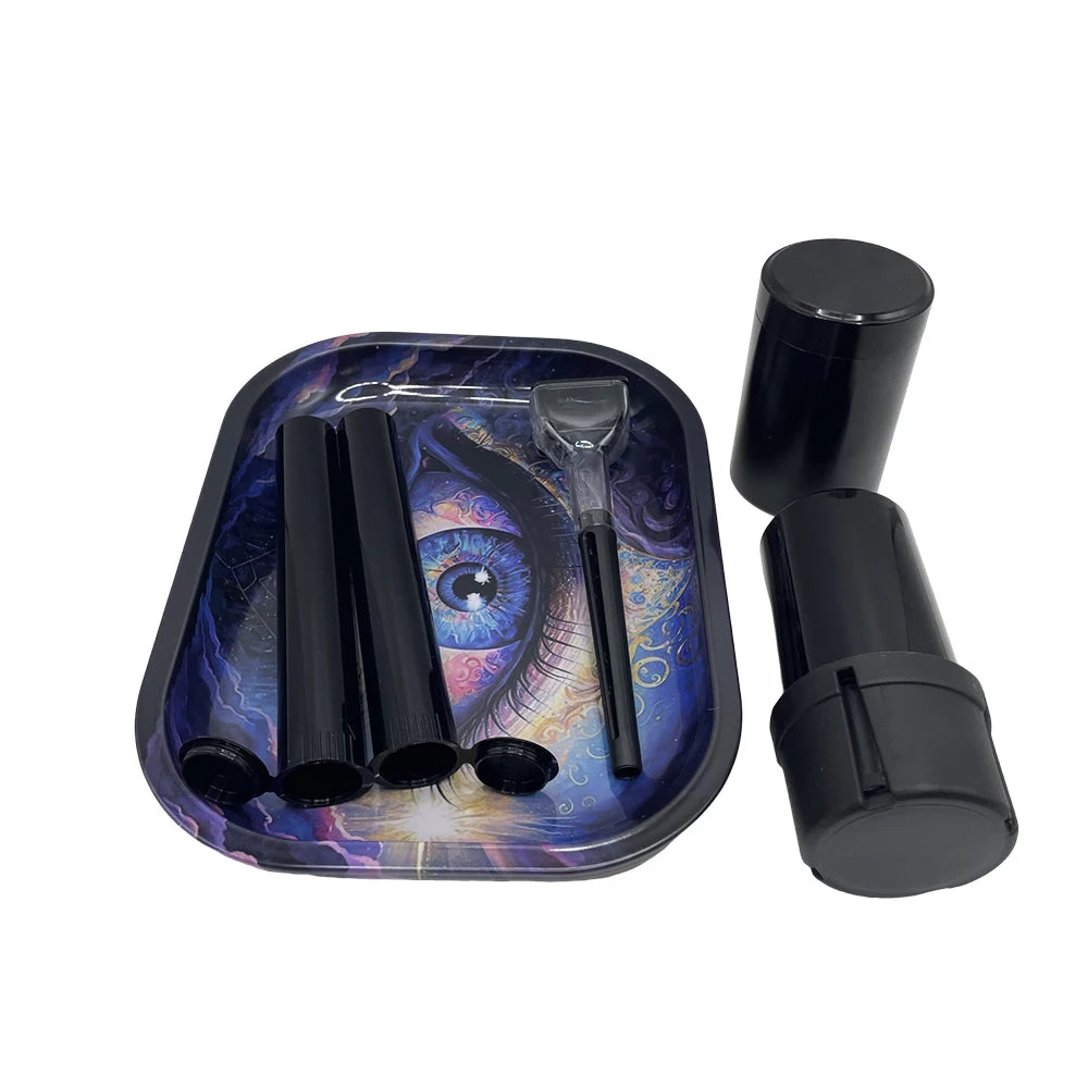 6 Packs Tobacco Metal Rolling Tray Kit 50mm Grass Grinder Crusher Smoke Herbal Set 116mm Plastic Cigar Storage Tube Container