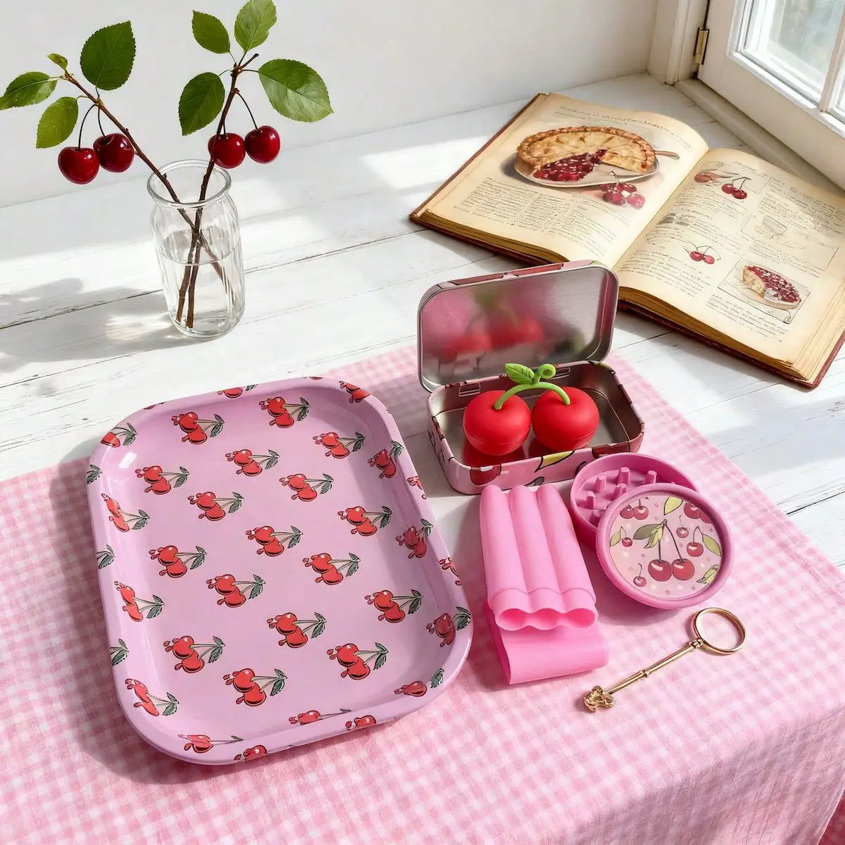 6pcs Rolling Tray Set, Includes Cherry Grinder, Rolling Tray, Storage Box, Silicone Containers, 3-Tubes, Cigarette Finger Holder