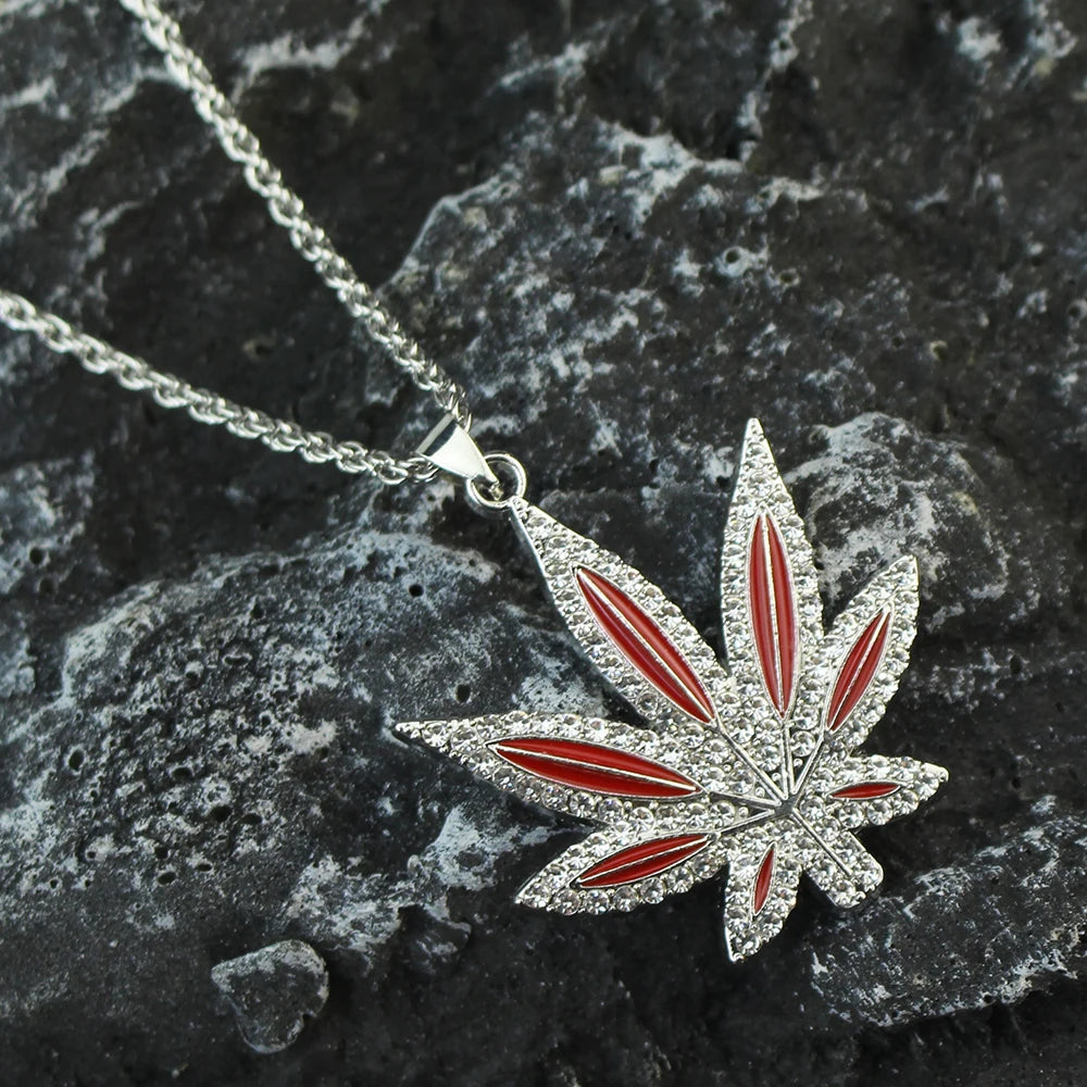 Rhinestone Weed Pendant Necklace Men Maple Leaf Necklaces Gold Color Chains for Boys Male Steampunk Jewelry