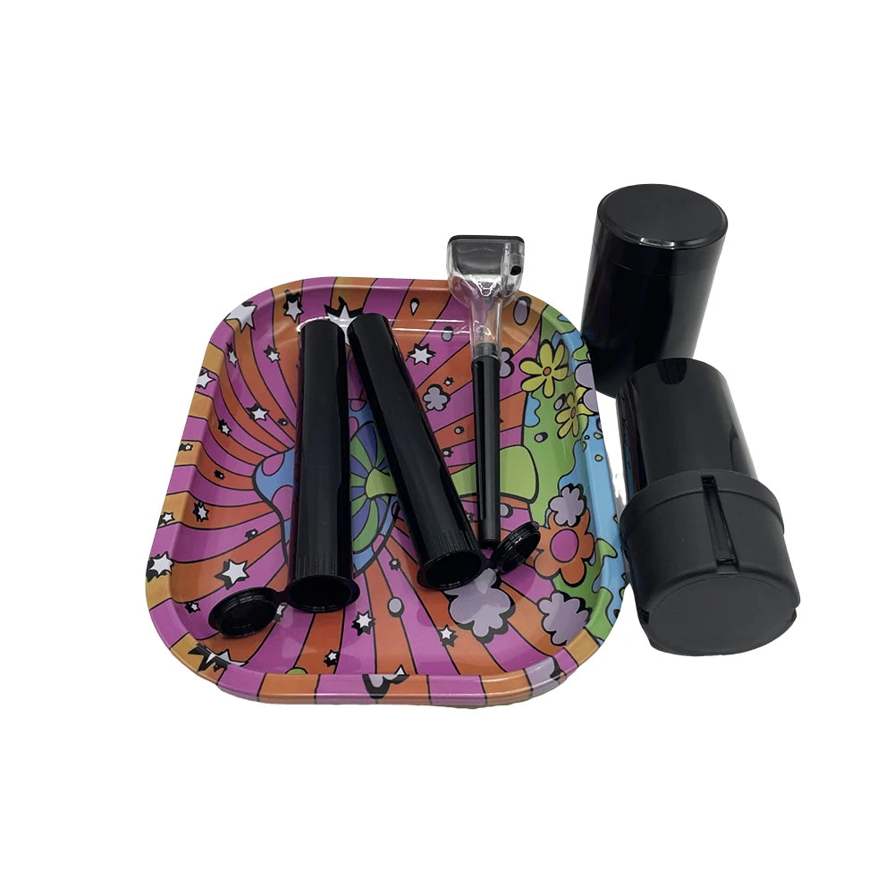6 Packs Tobacco Metal Rolling Tray Kit 50mm Grass Grinder Crusher Smoke Herbal Set 116mm Plastic Cigar Storage Tube Container
