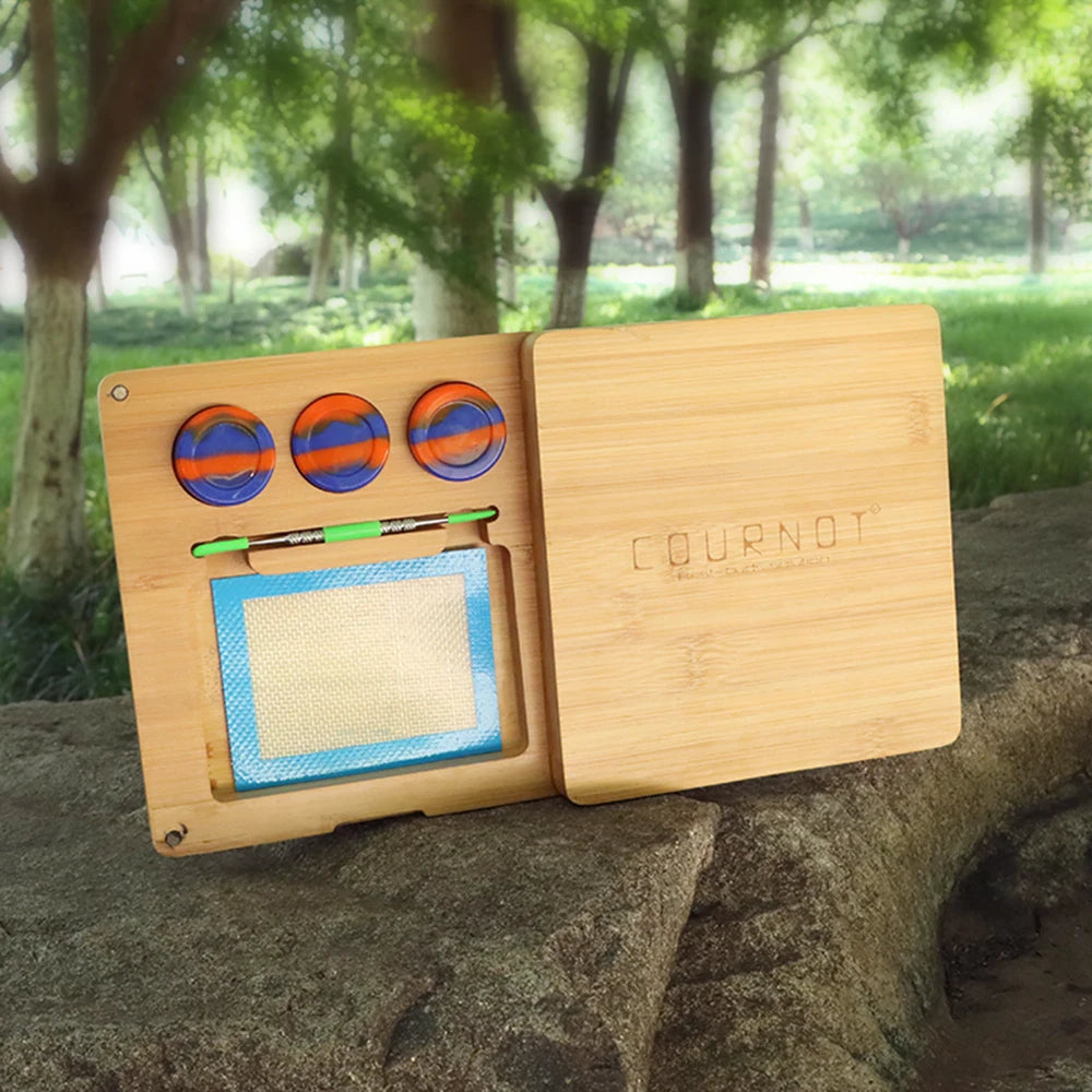 Cournot Multifuction Bamboo Rosin Storage Set With 3 Oil Jar,1 Stainless Steel Spoon,1 Baking Mat,1 Bamboo Magnet Rolling Tray