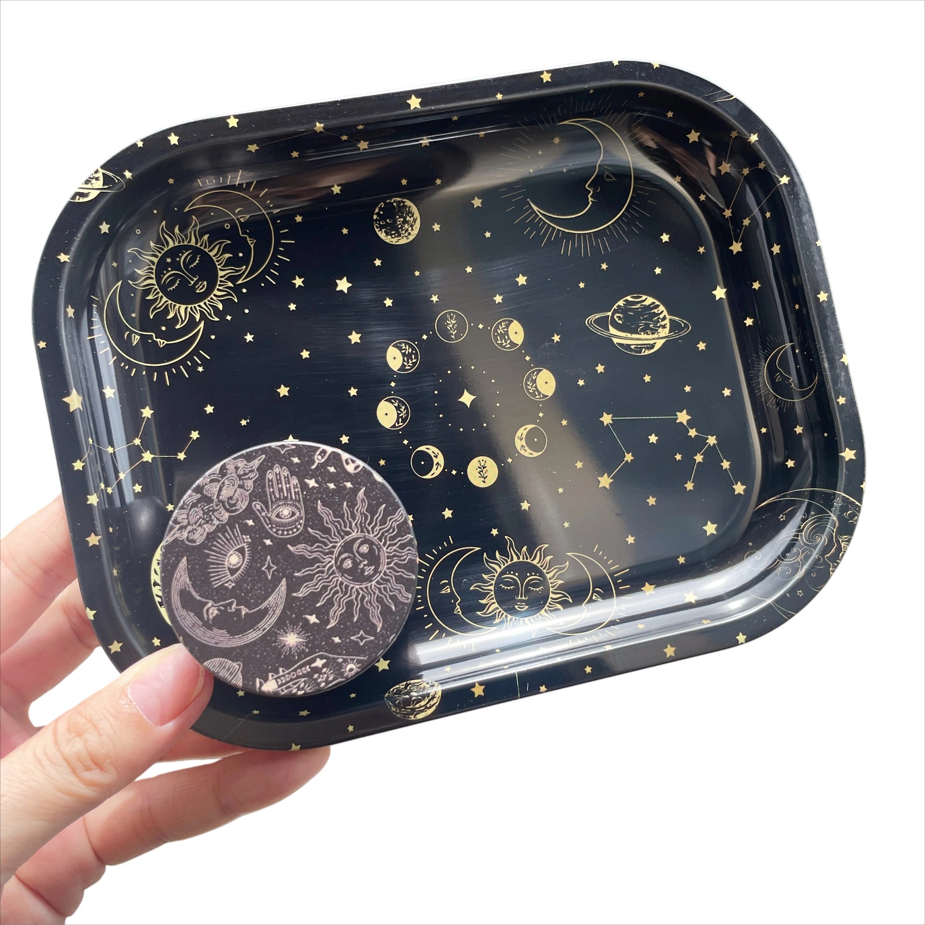 2pcs Moon and Star Collection Metal Herb Grinder and Rolling Tray Combo Smoking Set