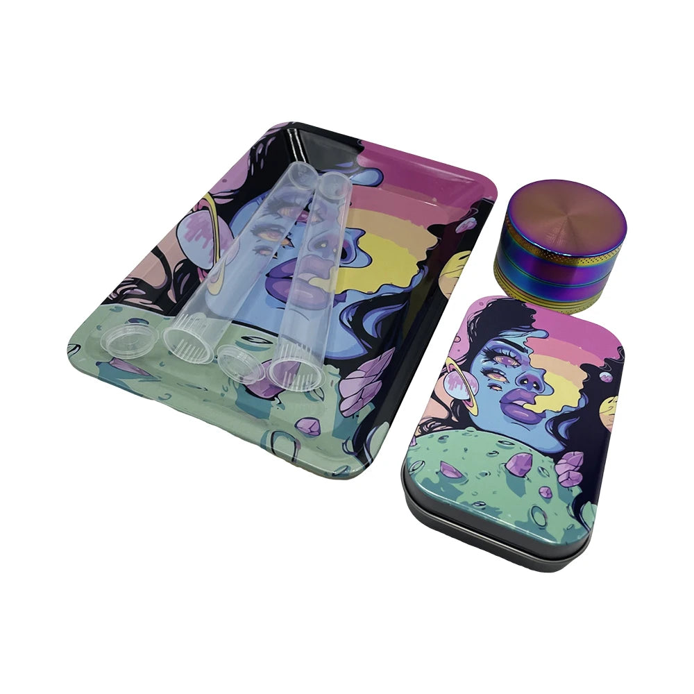 5Pcs/set 116mm Plastic Tobacco Storage Tube Box Container Metal Rolling Tray Grass Grinder Herbal Smoke Crusher Smoking Kit