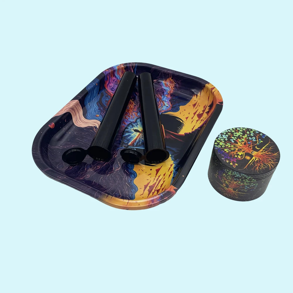 18cmx14cm Herb Tobacco Rolling Tray Set Storage Tube Ash Tray 50mm Metal Herbal Grinder Kit Smoking Accessories