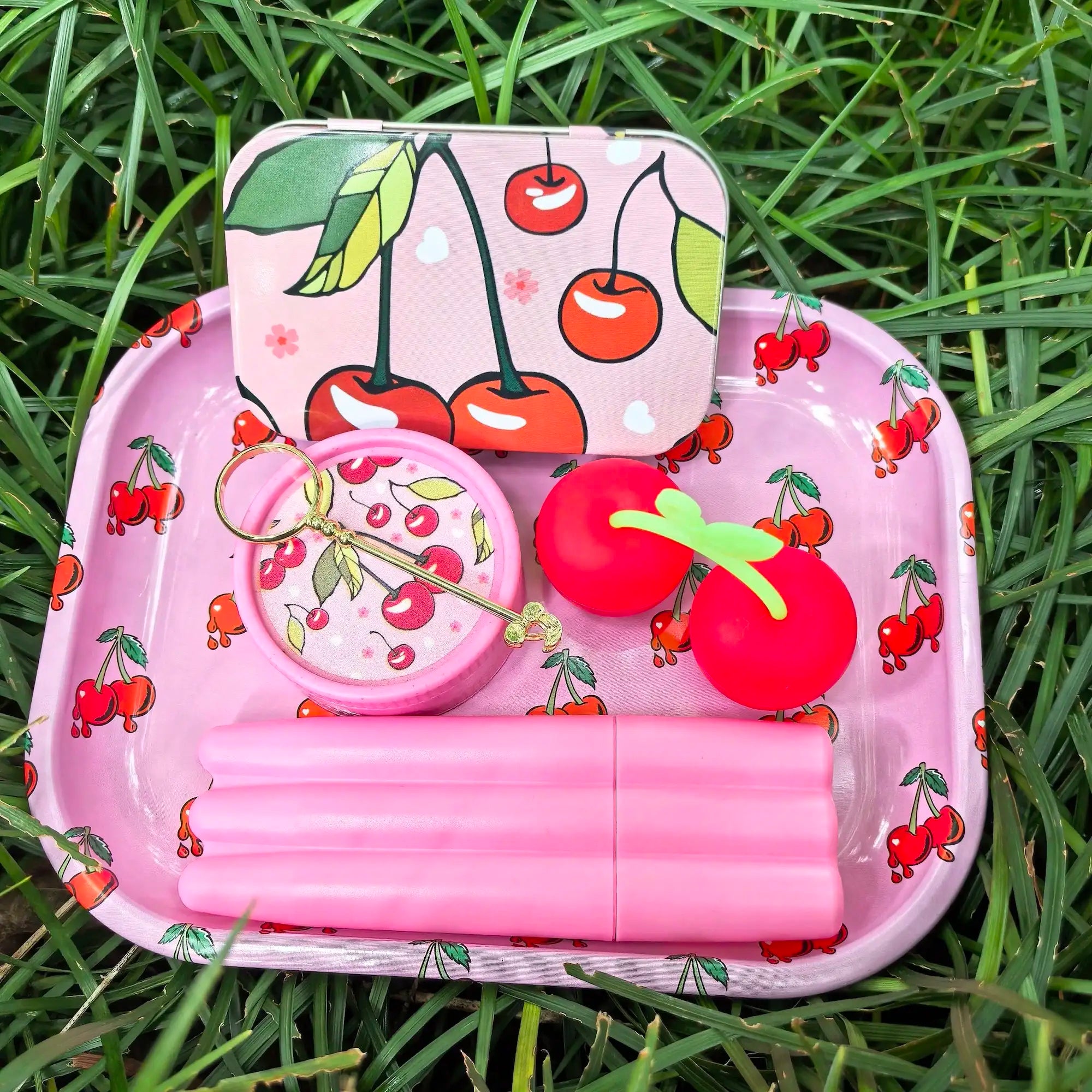6pcs Cherry Rolling Tray Smoking Set, Includes Grinder, Rolling Tray, Box, Silicone Containers, 3-Tube Containers, Holder