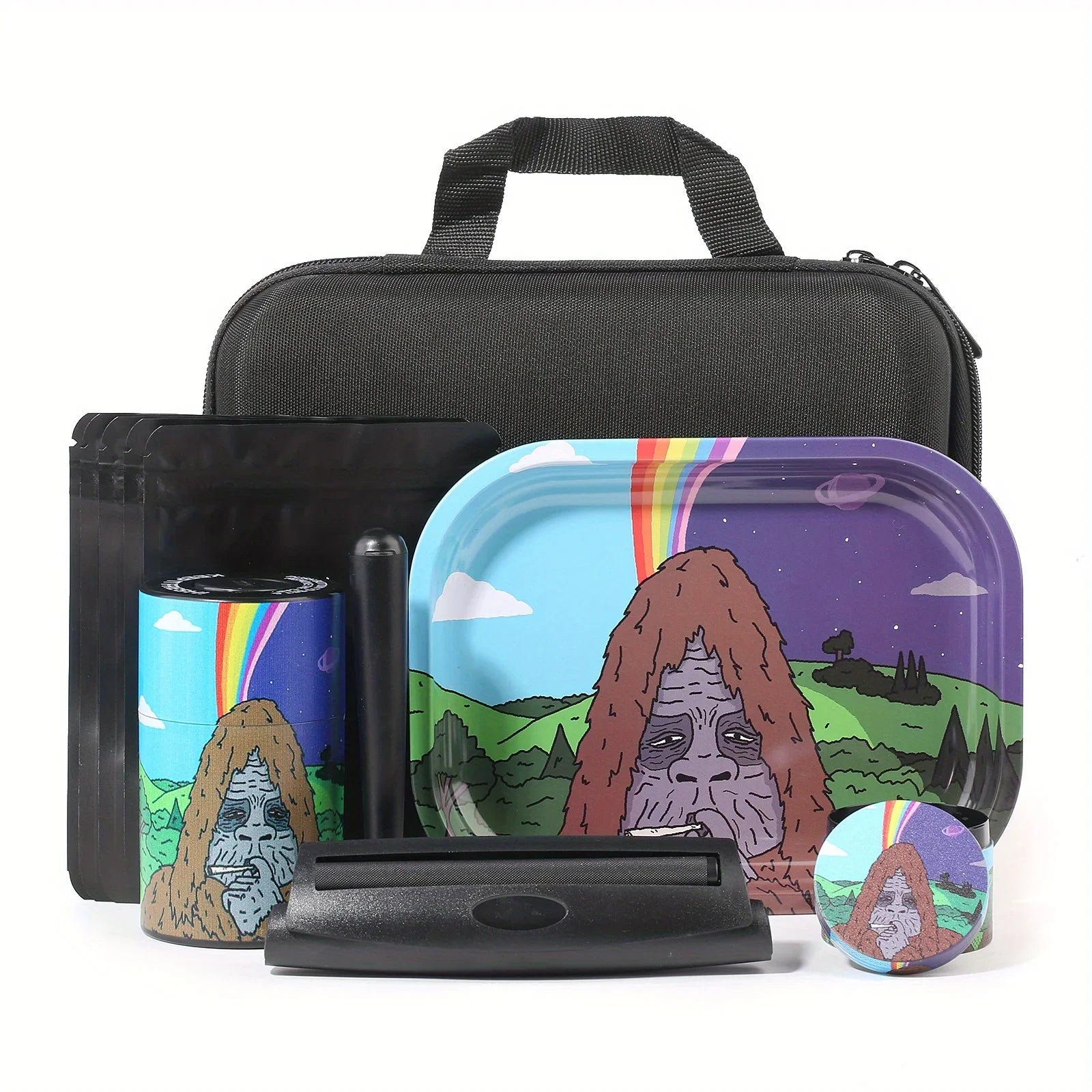 18 Pieces Gorilla Themed Portable Smoking Set Stash Box Grinder Rolling Tray Machine Combo