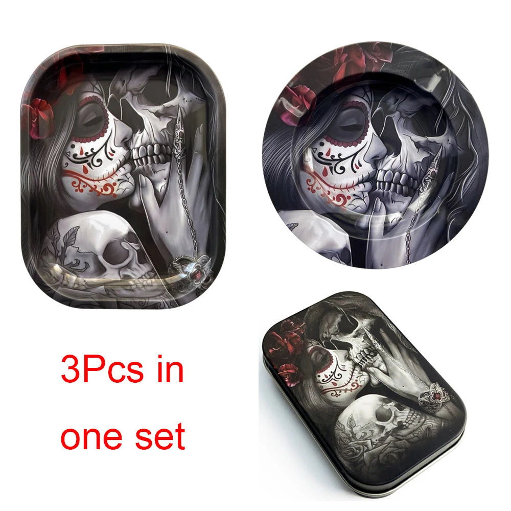 3Pcs Metal Tobacco Round Ashtray Cigarette Case with 18X14cm Rolling Tray Dish Tin Storage Container Plate Smoking Accessory Set