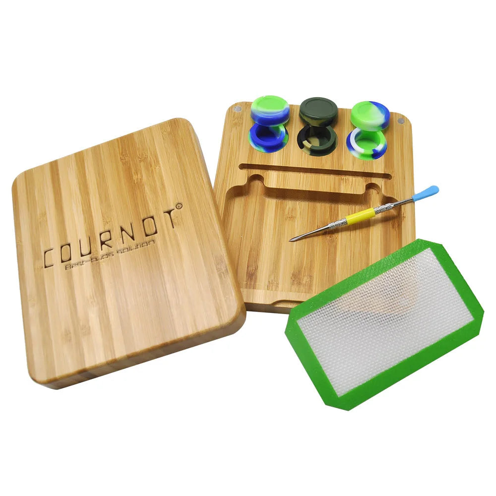 Cournot Multifuction Bamboo Rosin Storage Set With 3 Oil Jar,1 Stainless Steel Spoon,1 Baking Mat,1 Bamboo Magnet Rolling Tray