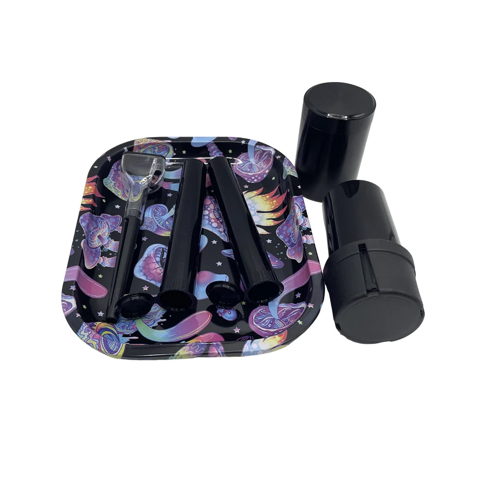 6 Packs Tobacco Metal Rolling Tray Kit 50mm Grass Grinder Crusher Smoke Herbal Set 116mm Plastic Cigar Storage Tube Container