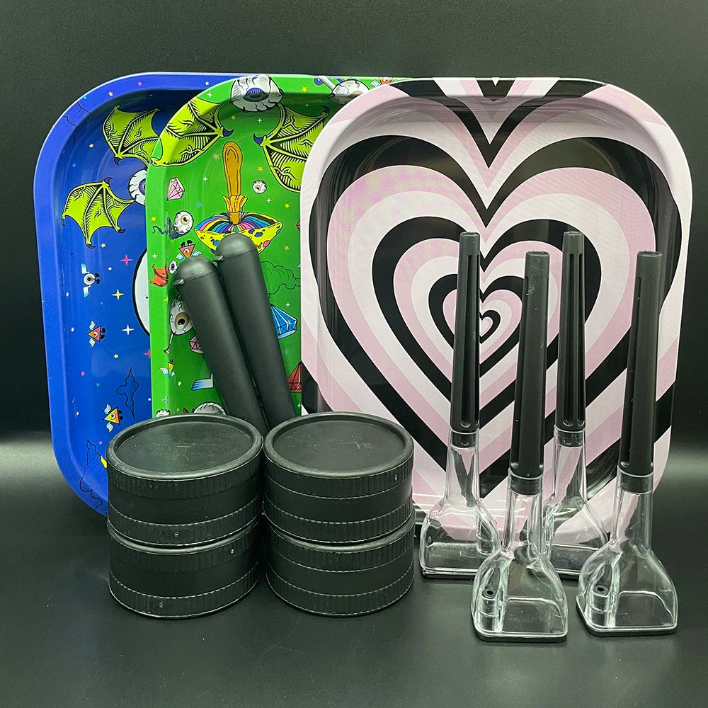 5Pcs Tinplate Rolling Tray 18X14cm Grass Grinder Tobacco Kit Plastic Roller Maker Storage Container Tube Jar Tool Smoking Set