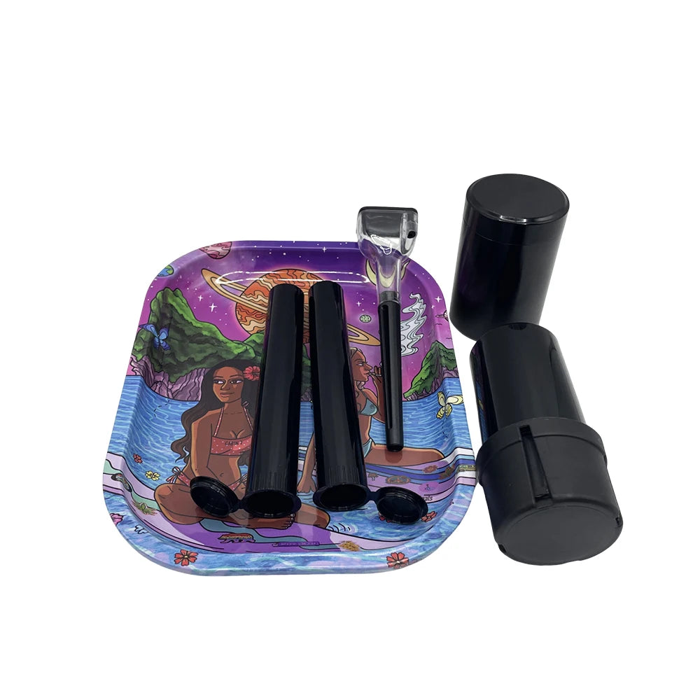 6 Packs Tobacco Metal Rolling Tray Kit 50mm Grass Grinder Crusher Smoke Herbal Set 116mm Plastic Cigar Storage Tube Container