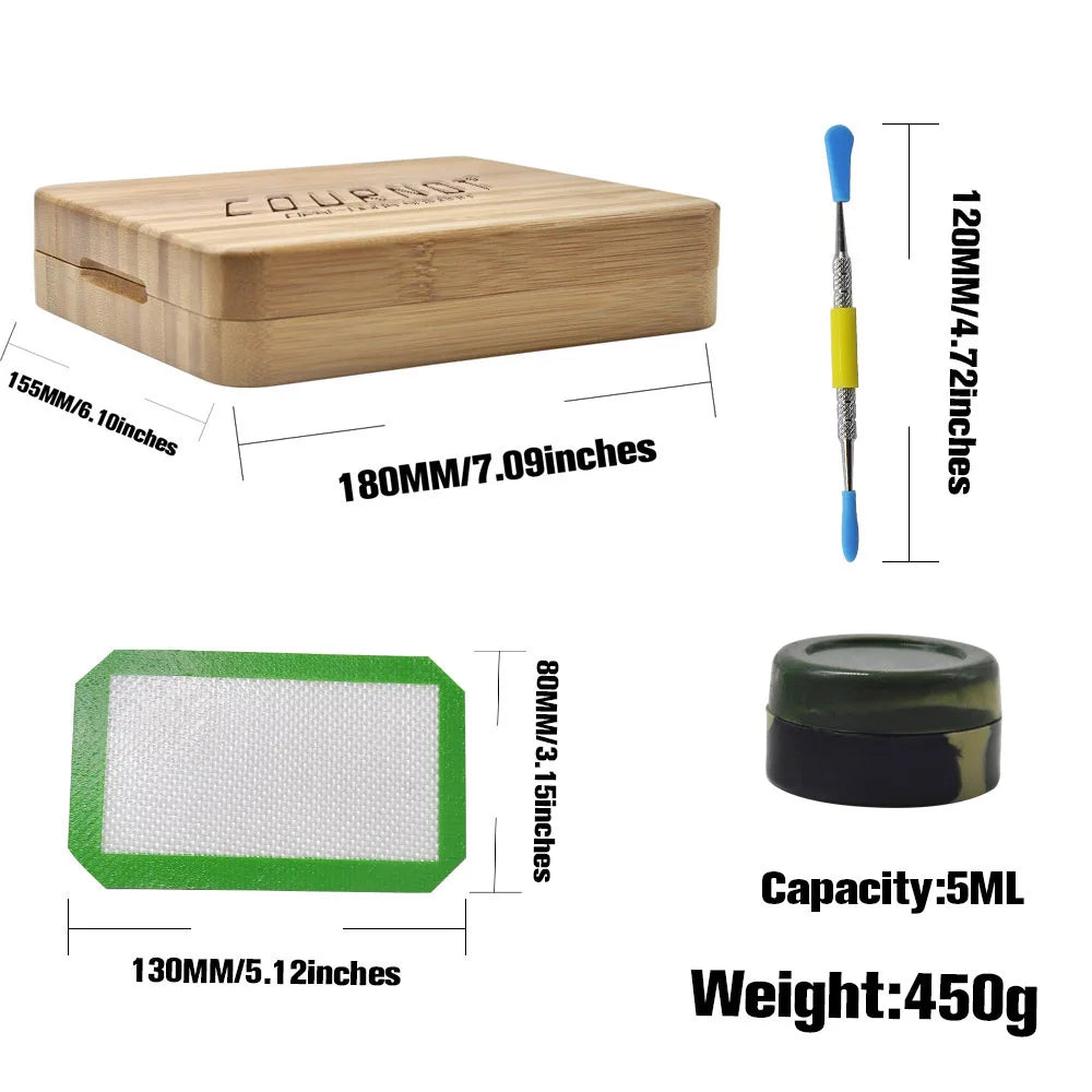 Cournot Multifuction Bamboo Rosin Storage Set With 3 Oil Jar,1 Stainless Steel Spoon,1 Baking Mat,1 Bamboo Magnet Rolling Tray