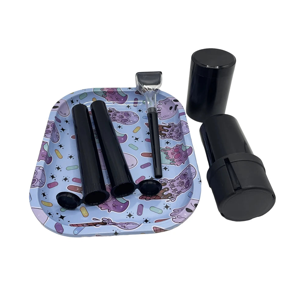 6 Packs Tobacco Metal Rolling Tray Kit 50mm Grass Grinder Crusher Smoke Herbal Set 116mm Plastic Cigar Storage Tube Container