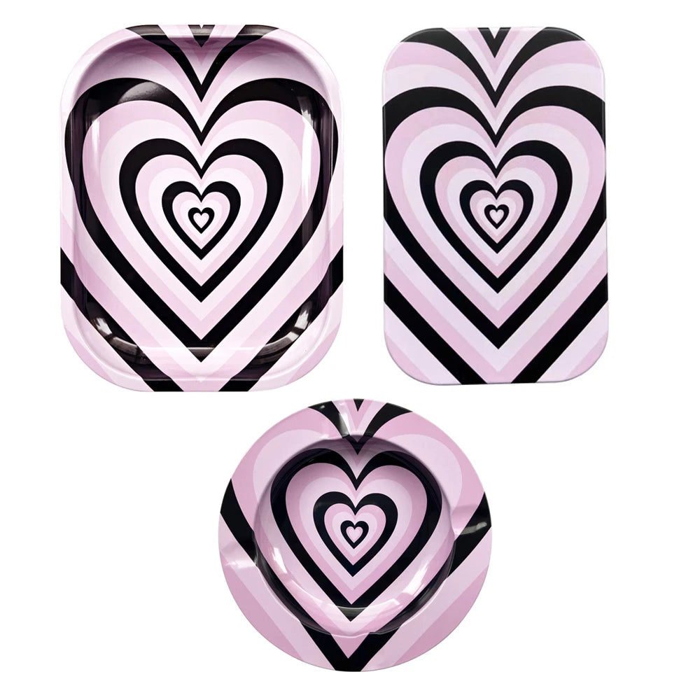 3Pcs Metal Tobacco Round Ashtray Cigarette Case with 18X14cm Rolling Tray Dish Tin Storage Container Plate Smoking Accessory Set