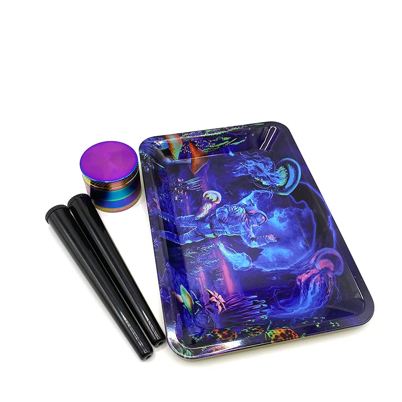 40MM 4 Layer Smoke Herb Grinder With 18X12.5CM Cigarette Metal Rolling Maker Tray Plastic Tobacco Storage Case Tube Set Gift