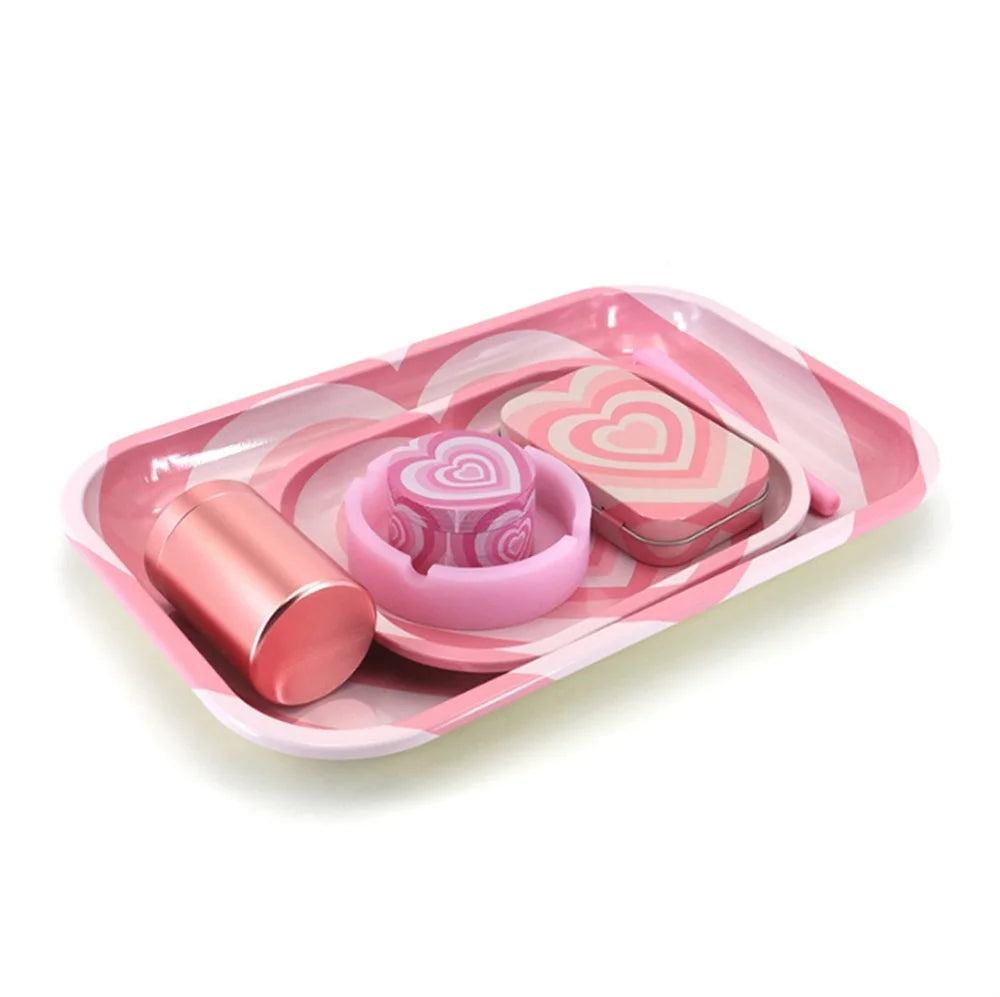 7pcs/set Pink Love Pattern Smoking Set Metal Rolling Tray Tobacco Herb Herbal Grinder Ashtray Tin Box Gifts  Smoking Accessory
